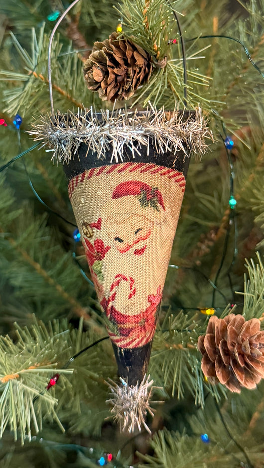 PEN-225 Painted Cone Ornament with Fabric Santa - Image may vary slightly