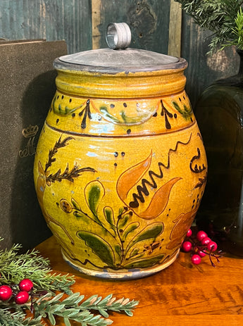 GMS-1724 Shooner Redware Tin Lidded Jar with Stags