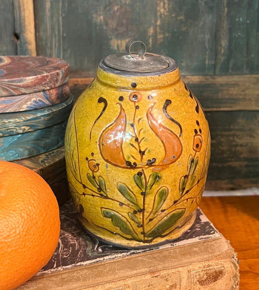 GMS-1731 Shooner Redware Tin Lidded Tulips Seed Jar