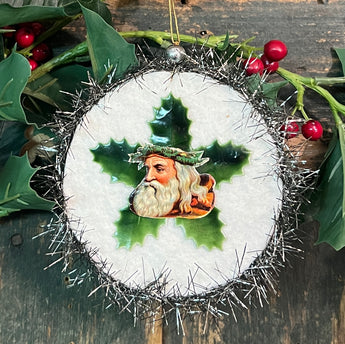 ER-2418E Santa & Holly Cotton Batting Ornament - Silver