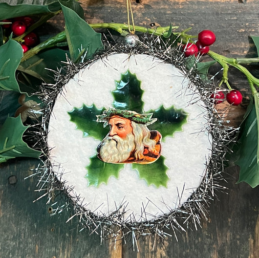 ER-2418E Santa & Holly Cotton Batting Ornament - Silver