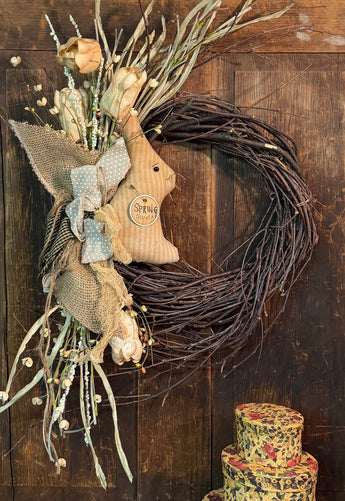 TBH-49B Twig Wreath with Fabric Bunny & Faux Flowers