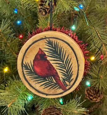 PEN-227C Painted Box Ornament with Fabric Cardinal