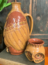 EJS-131 Large Yellow Pottery Owl Jug & Cup