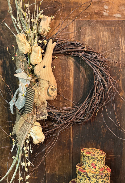 TBH-49A Twig Wreath with Fabric Bunny & Faux Flowers