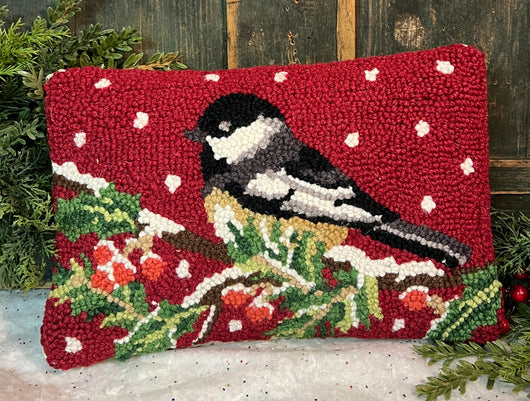 PH-164 Chickadee on Branch Wool Hooked Pillow