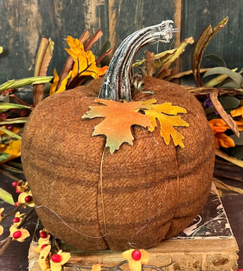 PB-389 Lg Wool Pumpkin with Leaves
