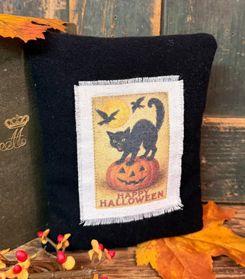 DD-312A Wool Pillow with Fabric Image - Black Cat Happy Halloween