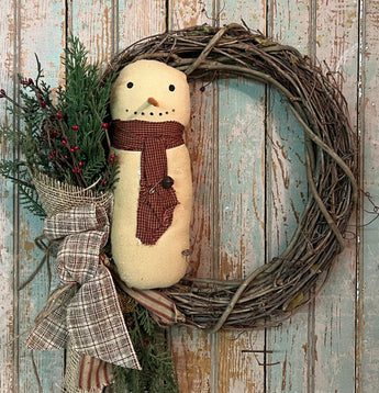 TBH-31C Fabric Snowman on Twig Wreath with Faux Greens