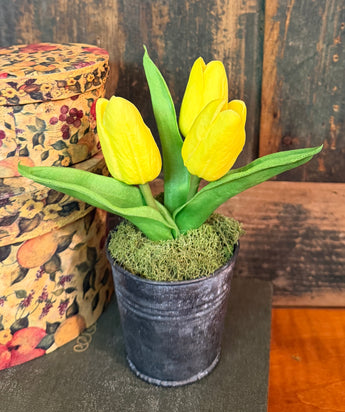 LV-MT-Y Potted Real Touch Tulips in Tin Pot - Yellow