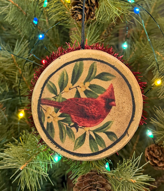 PEN-227B Painted Box Ornament with Fabric Cardinal