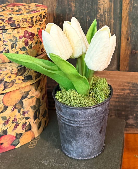 LV-MT-W Potted Real Touch Tulips in Tin Pot - White