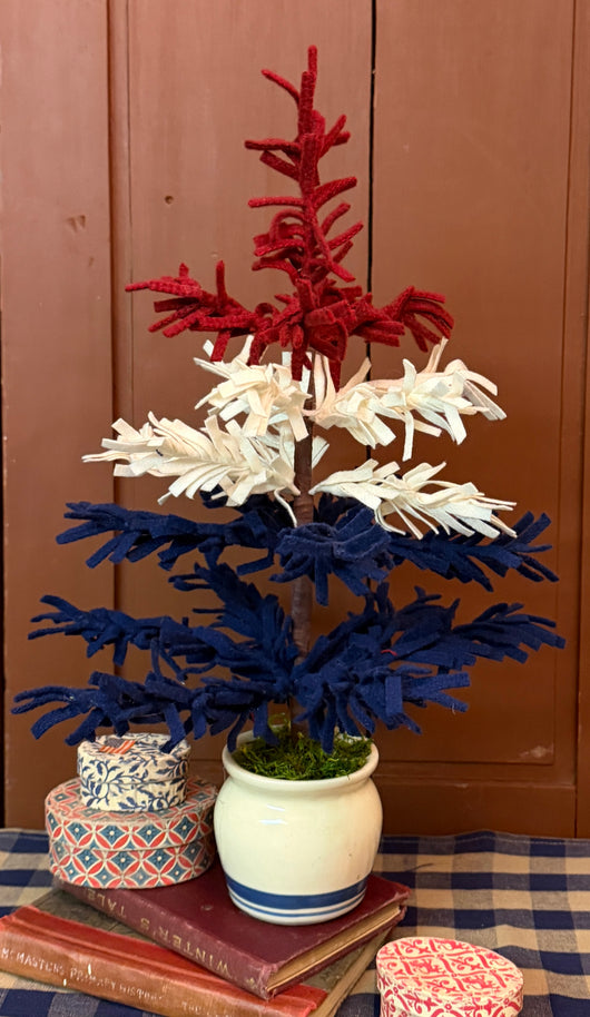 PB-174C Small Hand-made Wool Americana Tree in Pottery Crock with Stripe