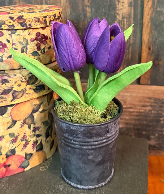 LV-MT-V Potted Real Touch Tulips in Tin Pot - Purple