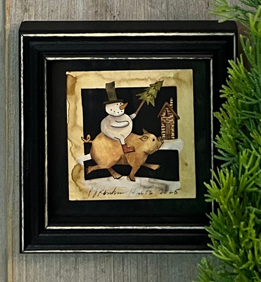 PJH-413 Snowman on Pig Framed Paper Cutting