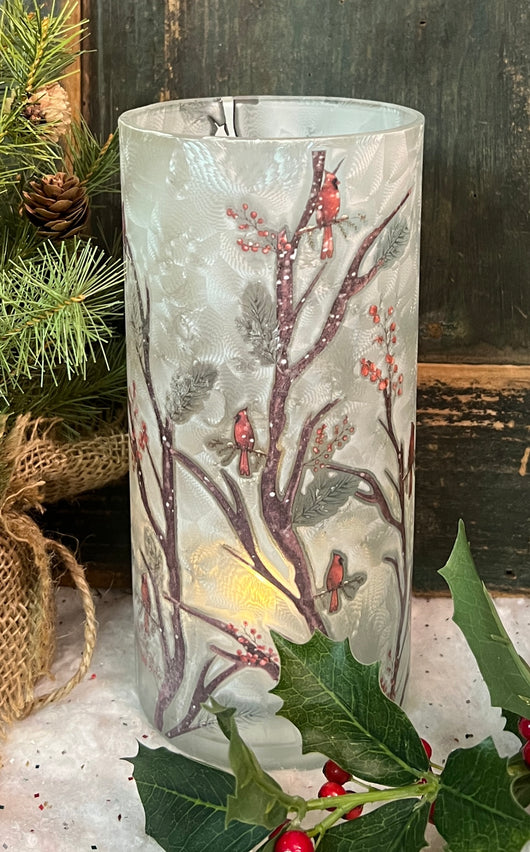 NET-47L Large Glass Candle Holder with Cardinal Design