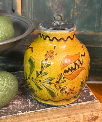 GMS-1729 Shooner Redware Tin Lidded Tulips Seed Jar