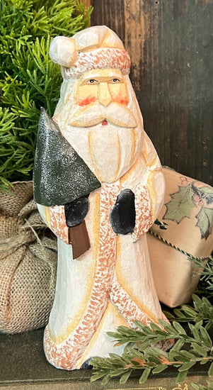 NV-CS2 Wood Carved Santa - White Coat
