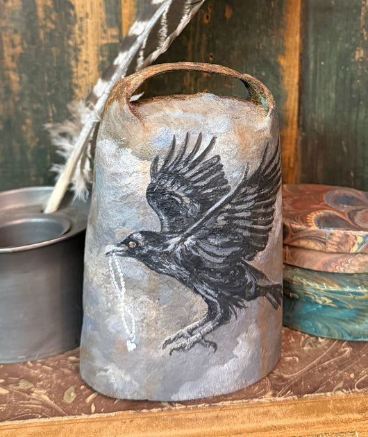 TPA-26 Hand-painted 'Crow with Necklace’ on Antique Iron Cowbell (no Clapper)