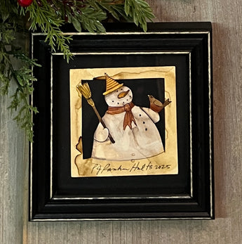 PJH-409 Snowman with Broom & Robin Framed Paper Cutting