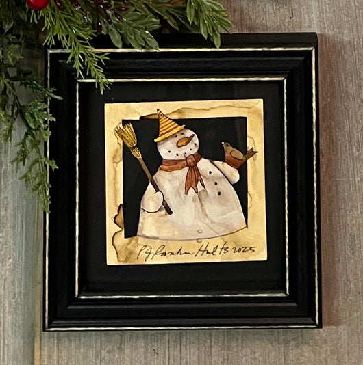 PJH-409 Snowman with Broom & Robin Framed Paper Cutting