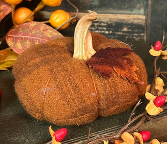 PB-415A Sm Flat Wool Pumpkin with Leaf