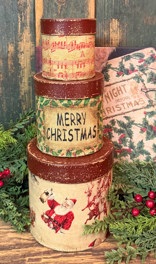 PEN-218 Small Aged Christmas Fabric Covered Boxes - Set of 3