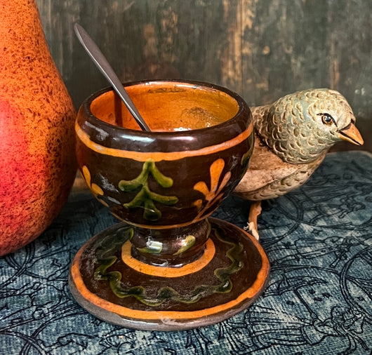 GMS-1654 Shooner Redware Salt Cellar & Pewter Spoon  - Brown