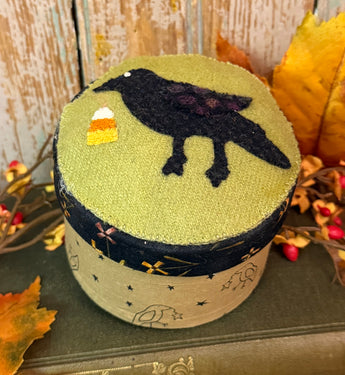 PB-702 Small Fabric Cover Box with Wool Cow & Candy Corn Applique