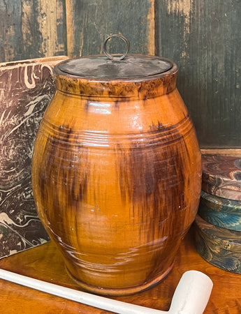 GMS-1679 Shooner Redware Tin Lidded Covered Jar - Red with Green