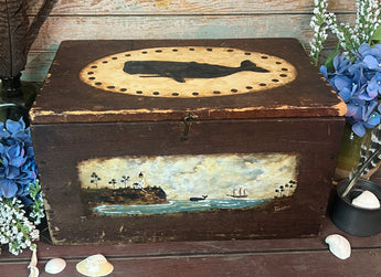 MKM-242 'Whale & Harborside' ORIGINAL Painted Antique Trunk by MK Moulton