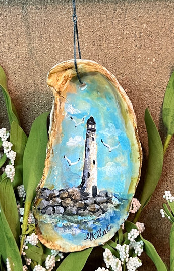 MKM-S4 Hand-painted Oyster Shell Ornament - Lighthouse