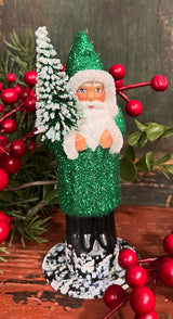 PPT-06 Green Santa with Tree Paper Mache Figurine