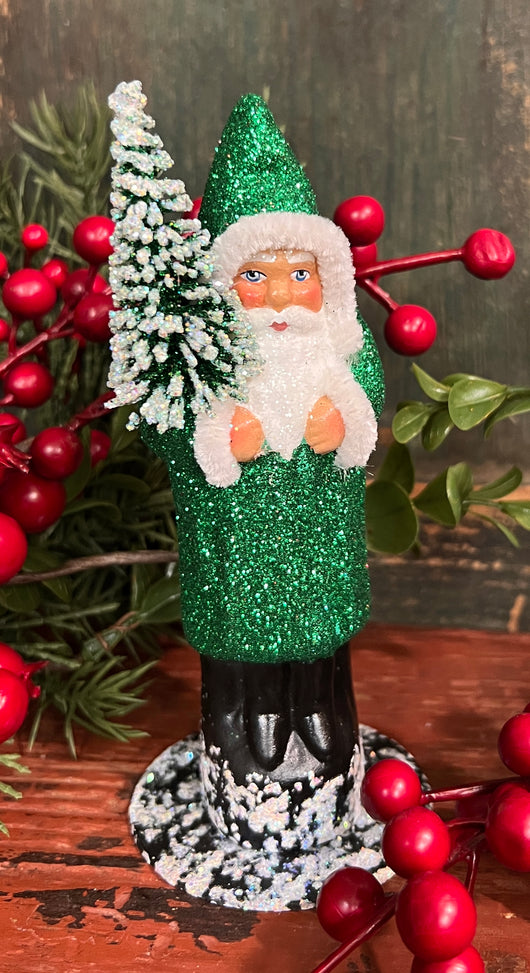 PPT-06 Green Santa with Tree Paper Mache Figurine