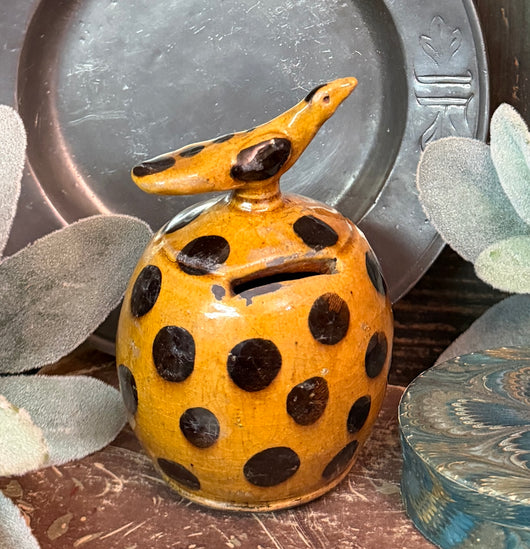 GMS-1789 Shooner Redware Bank & Bird with Dots