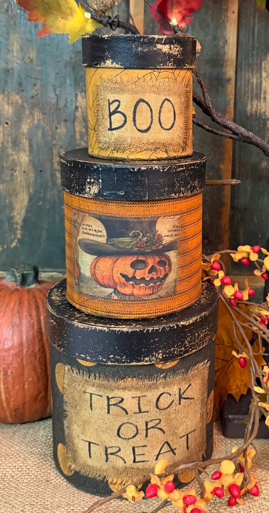 PEN-166 Small Aged Halloween Fabric Covered Boxes - Set of 3
