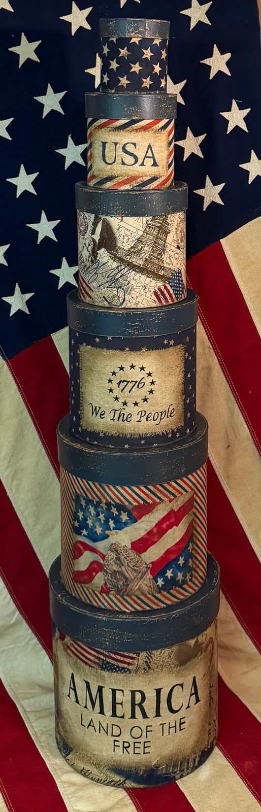 PEN-181 Large Aged Americana Fabric Covered Boxes - Set of 6