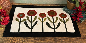 NG-182 Wool Poppies Appliqued Mat on Vintage Linen