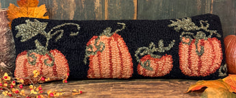 C4C-12 Four Pumpkins on Black Wool Hooked Pillow