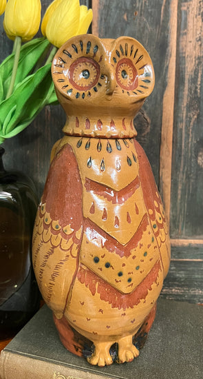 EJS-131 Large Yellow Pottery Owl Jug & Cup