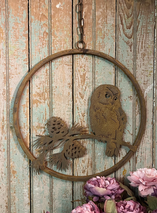 EG-233 Rusty Owl with Pinecones Wreath
