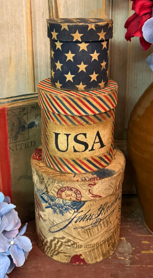 PEN-137 Small Aged Americana Fabric Covered Boxes - Set of 3