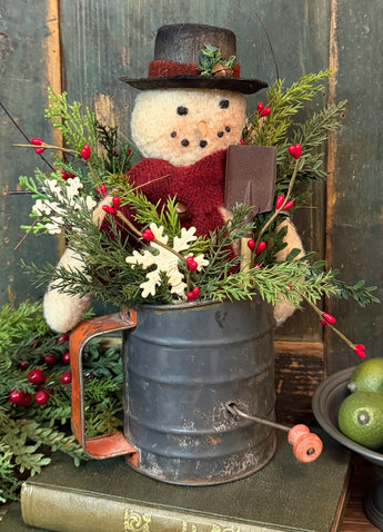 PEN-224A Snowman in Old Sifter with Faux Greens