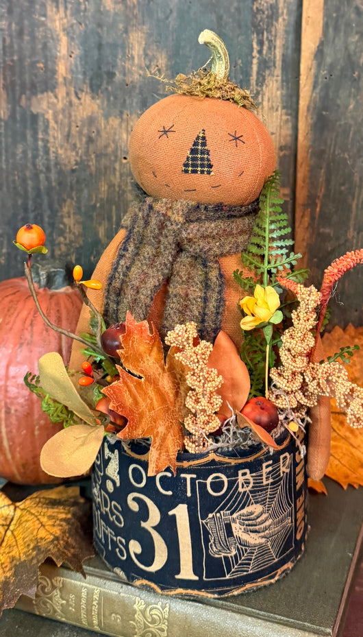 PEN-140 Fabric Pumpkin Guy in Box with Faux Florals