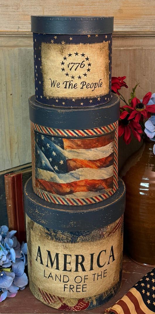 PEN-136 Large Aged Americana Fabric Covered Boxes - Set of 3