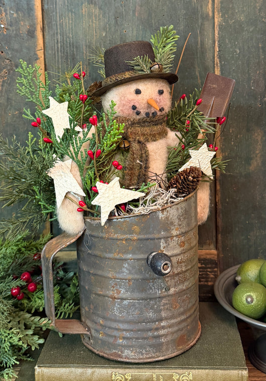 PEN-224B Snowman in Old Sifter with Faux Greens