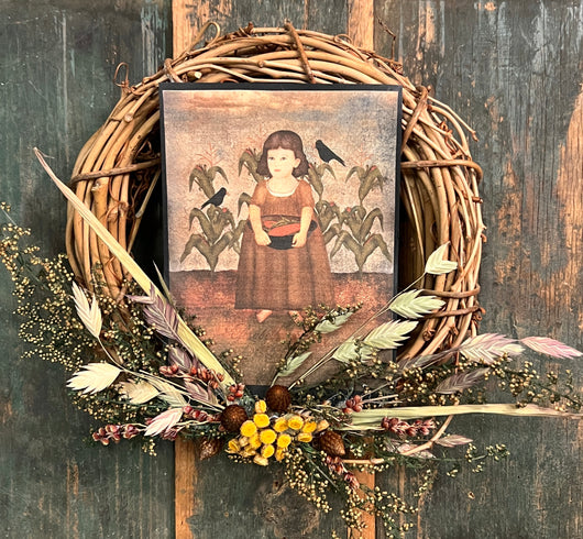 CD-F66 Paper Girl in Cornfield with Dried Flowers Wreath