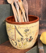 SJP-UT2 Sgraffito Redware Utensil Crock "The world belongs not only to man"