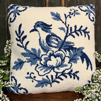 PH-105 Blue & White Wool Hooked Pillow
