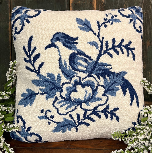 PH-105 Blue & White Wool Hooked Pillow